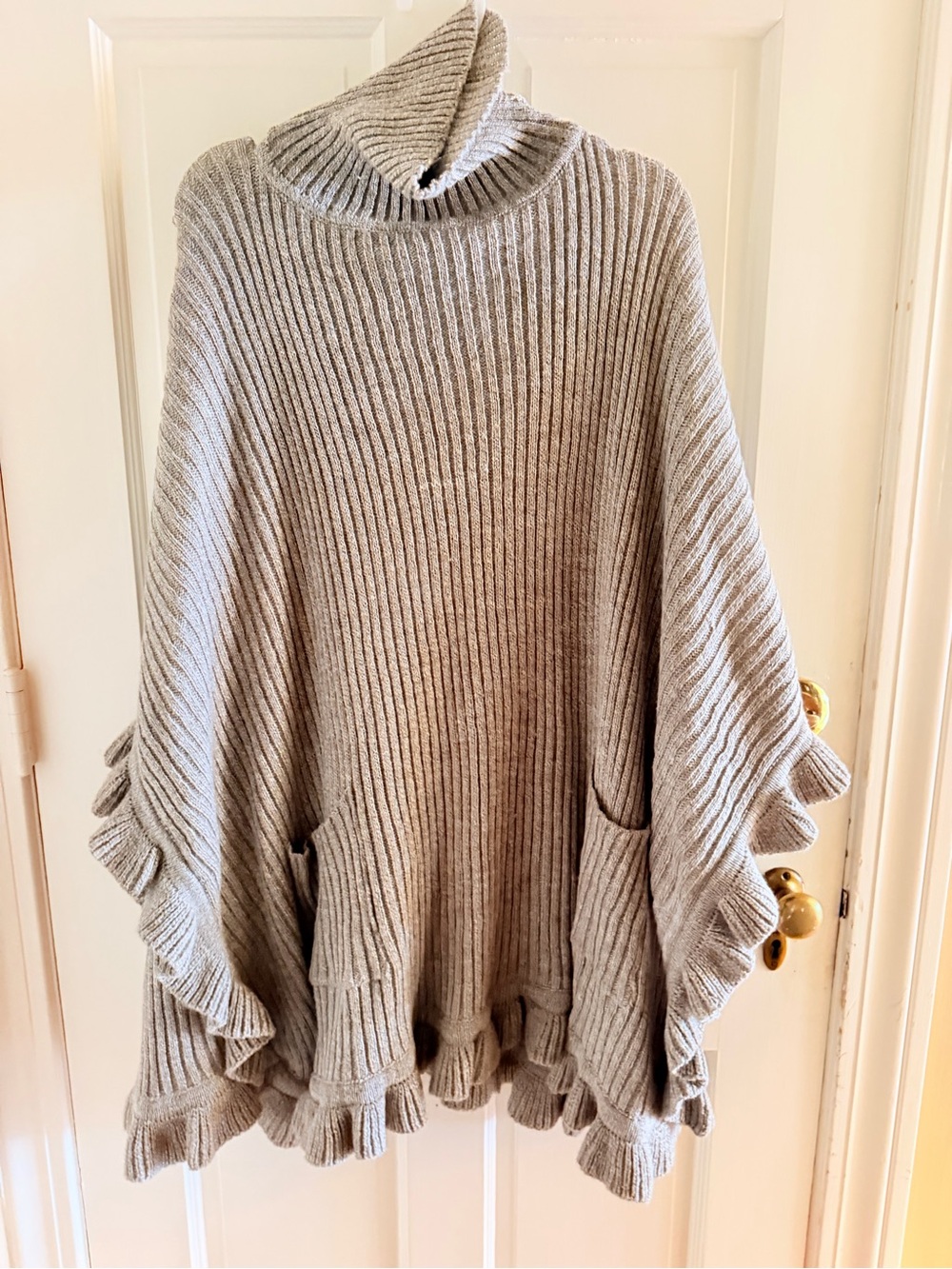 Cozy Ribbed Turtleneck Ruffle Poncho Sweater - Beige